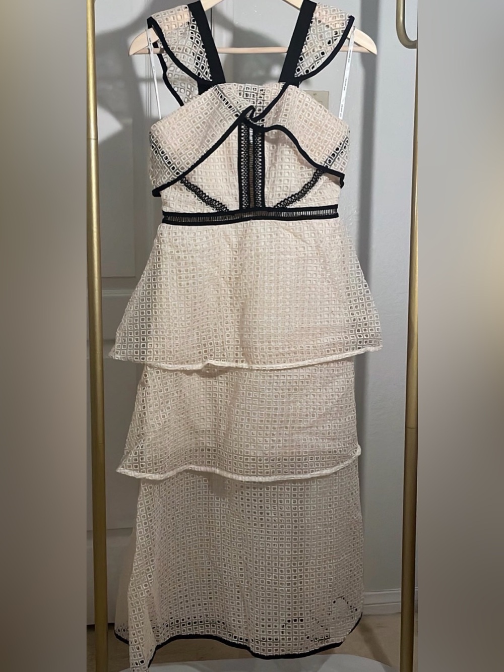 Self-Portrait Cream Strapless Tiered Lace Dress with Black Trim